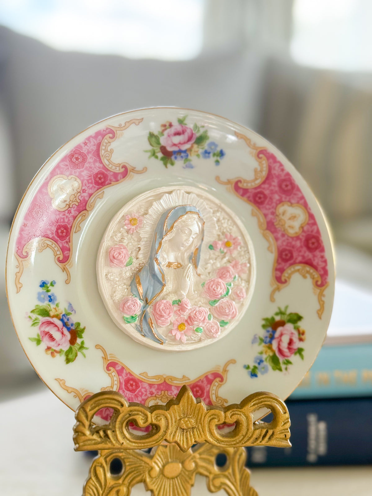 Sculpted Rose-Virgin Mary Famille Rose Plate