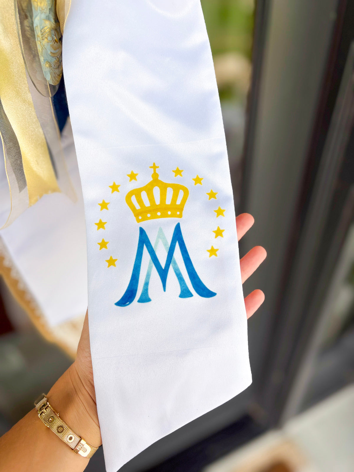 Marian Symbol Crown Wreath Sash