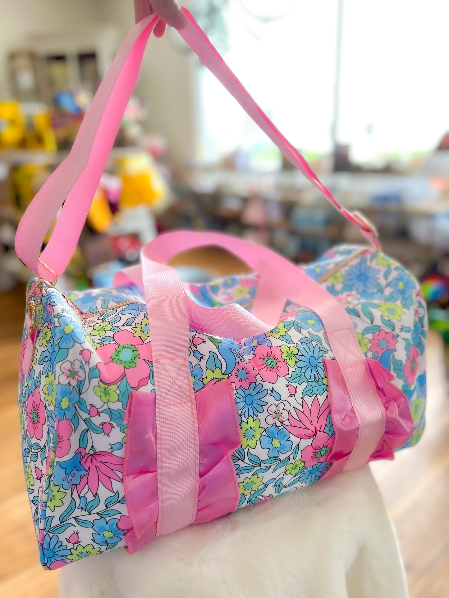 Pink Ruffle Band Floral Women Duffle Bag