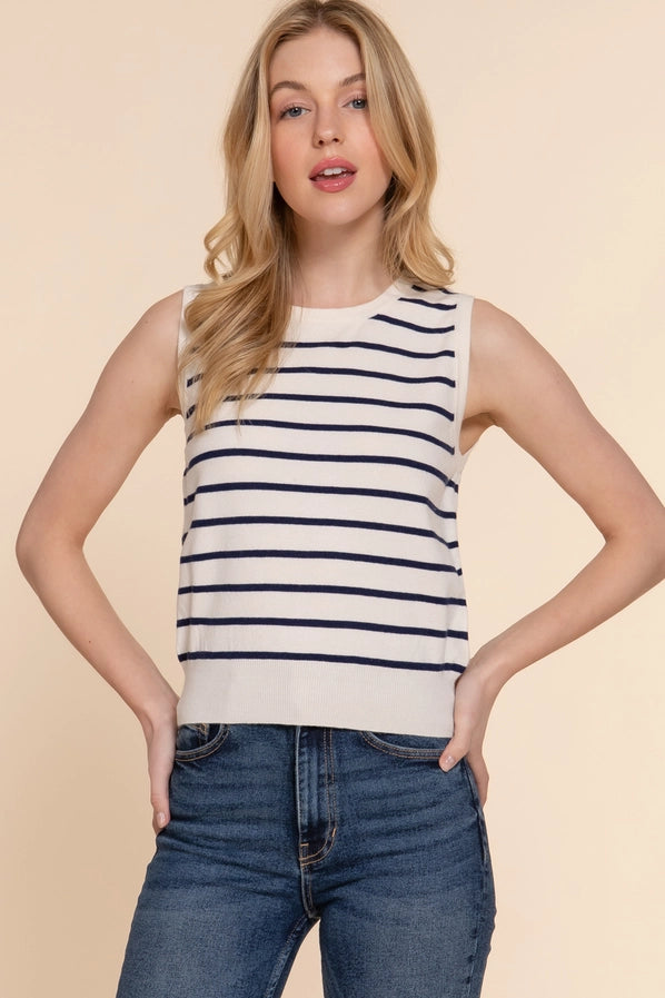 Sleeveless Round Neck Stripe Spring Sweater- Navy