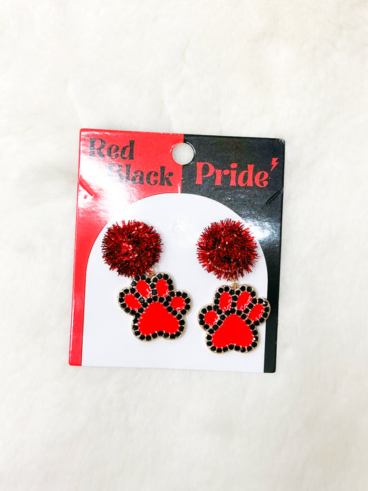 Red/Black Pompom Paw Print Pride Earrings