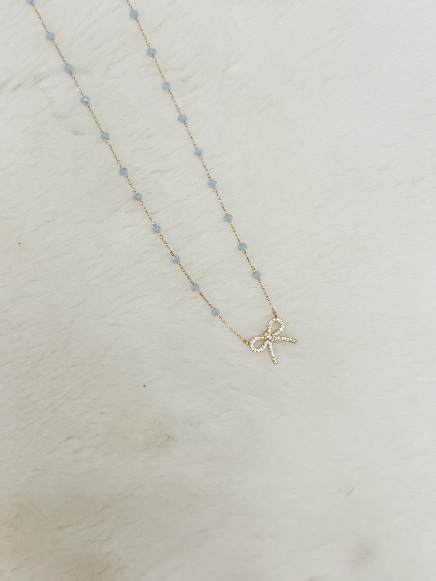 Light Blue Bow Charm Beaded Chain Necklace