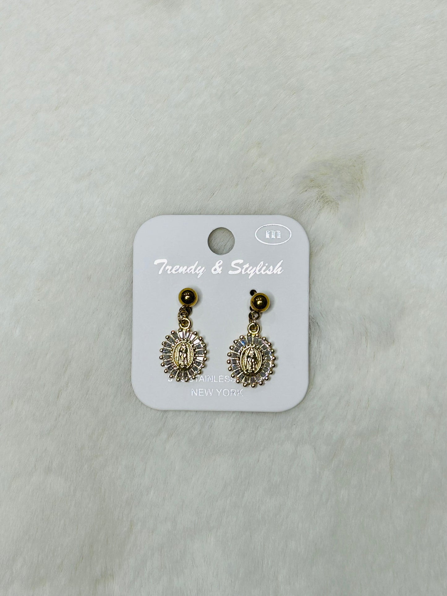 Blessed Bloom Our Lady of Guadalupe Medal Gold & Diamond Dangle Earrings