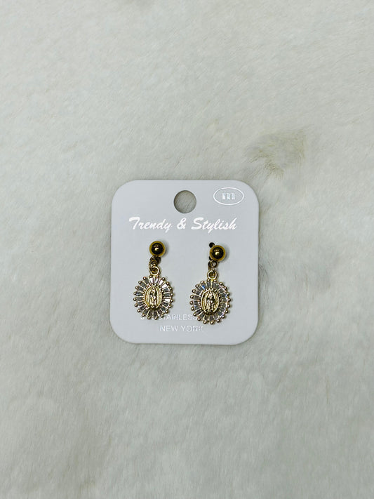 Blessed Bloom Our Lady of Guadalupe Medal Gold & Diamond Dangle Earrings