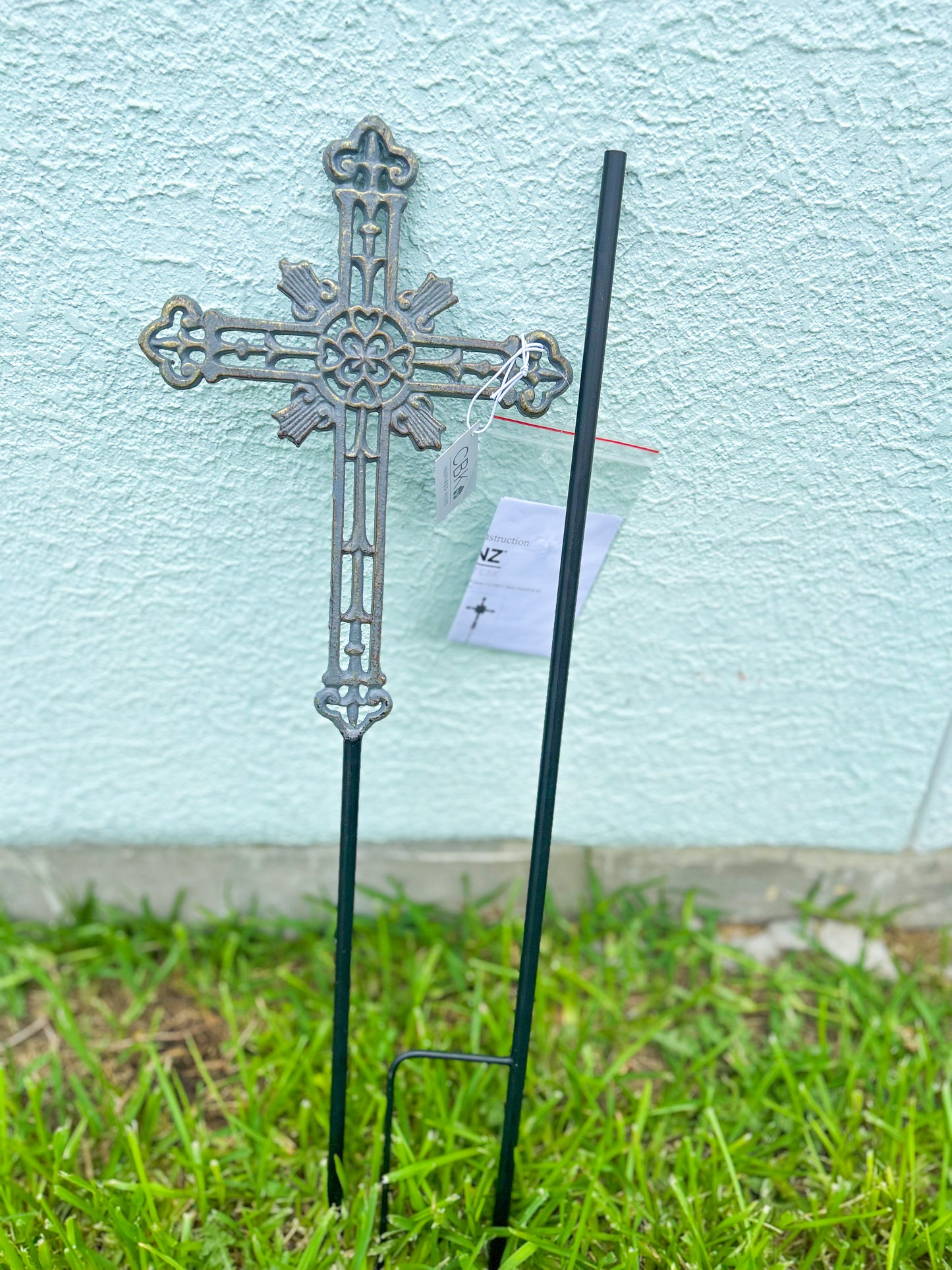 Large Grey with Gold Brush Cross Garden Stake