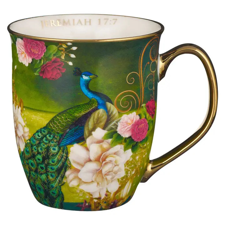 Mug Blue/White Peacock Blessed Jer. 17:7