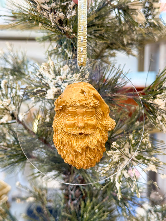 Vintage Jolly Santa Disk Ornament- Gold Ribbon