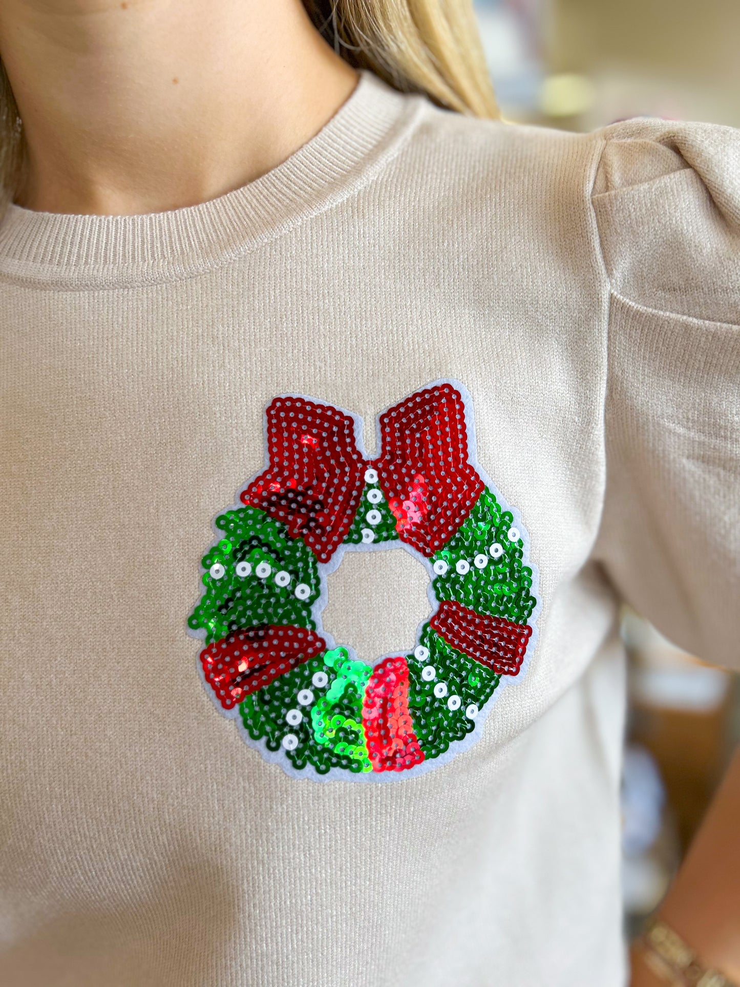Christmas Wreath Short Sleeve Sweater - Cream