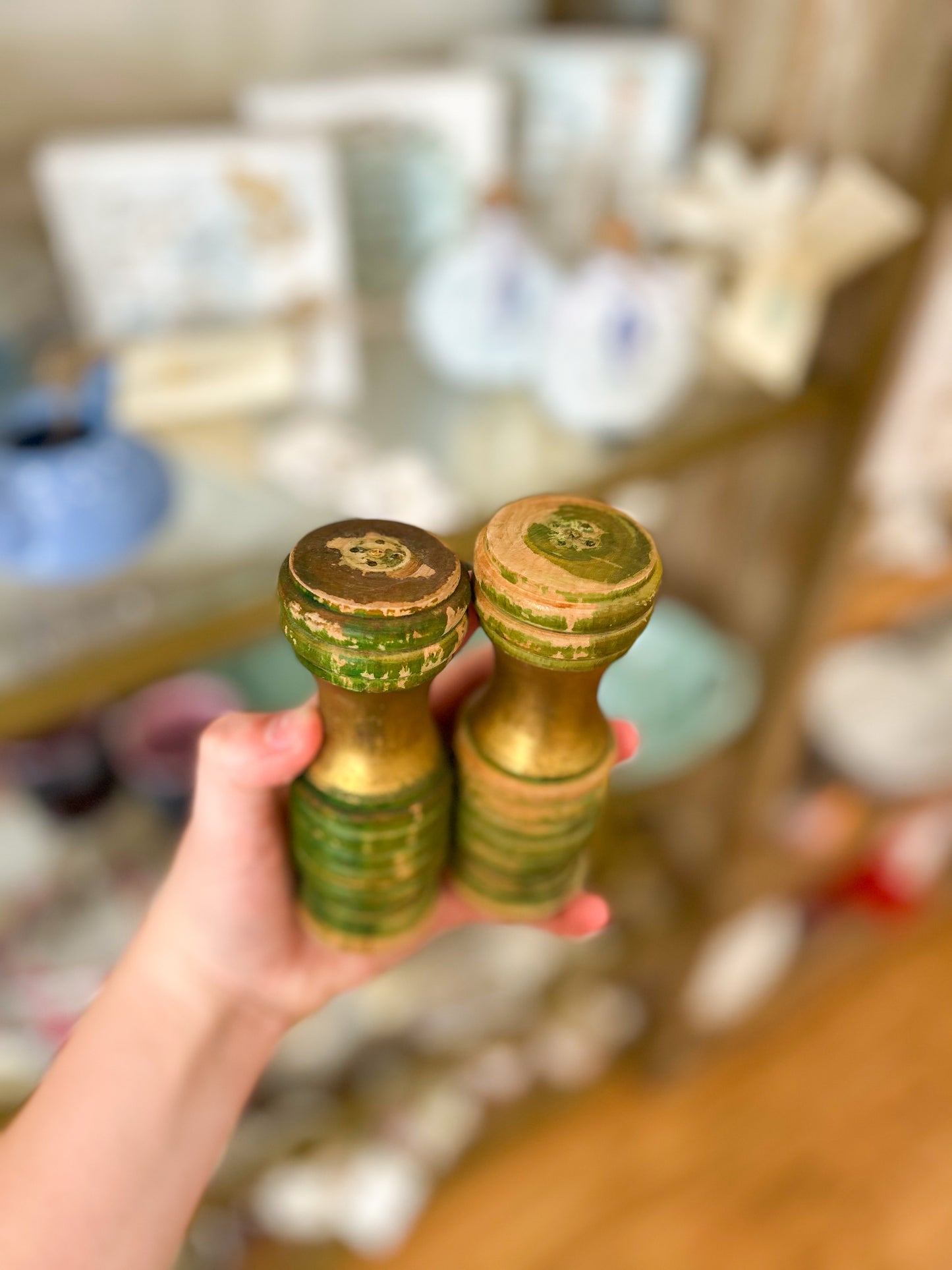 Vintage Green & Gold Wooden Salt + Pepper Shakers