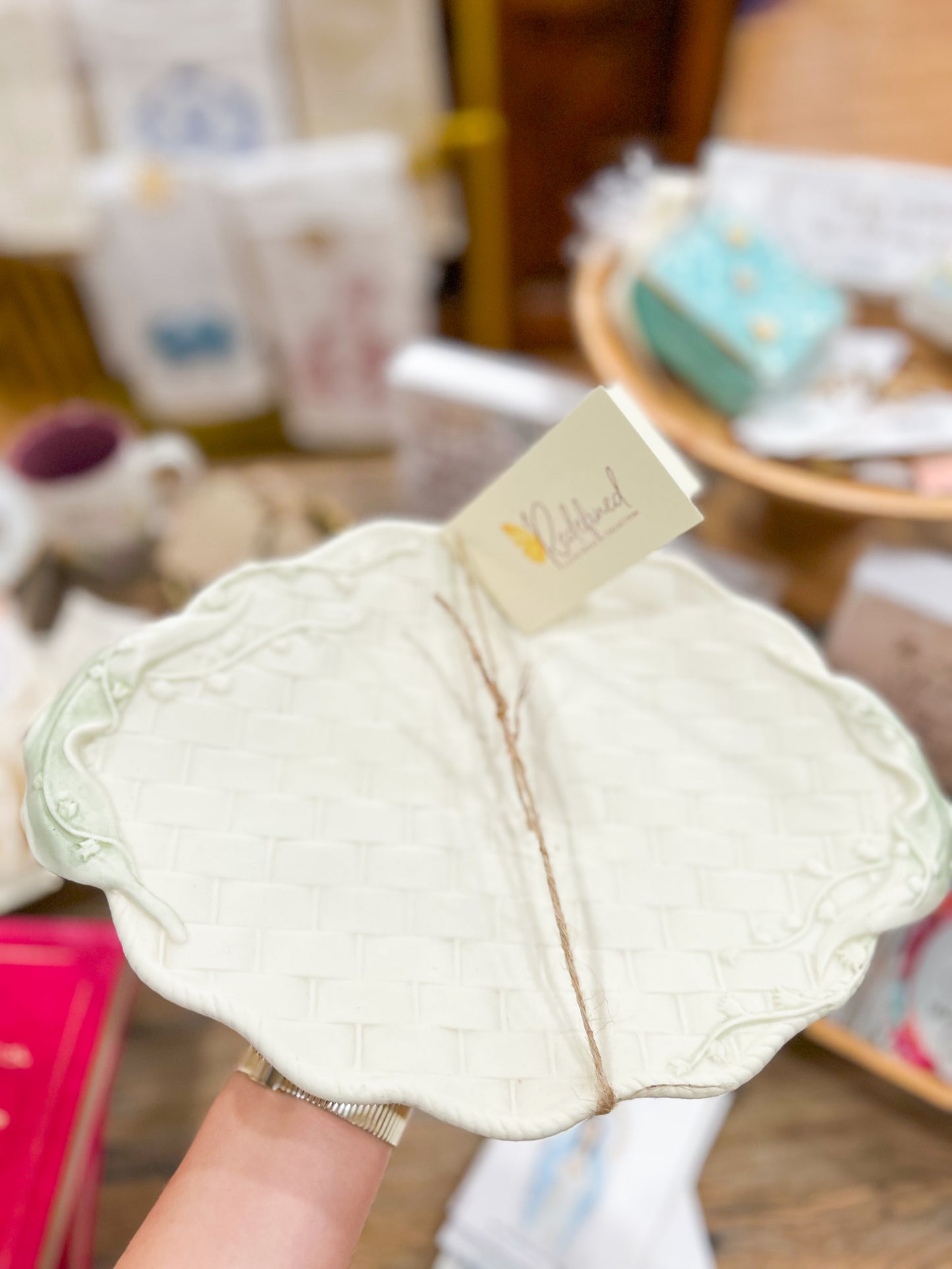 White Basket-Weave Platter with Scalloped Accents