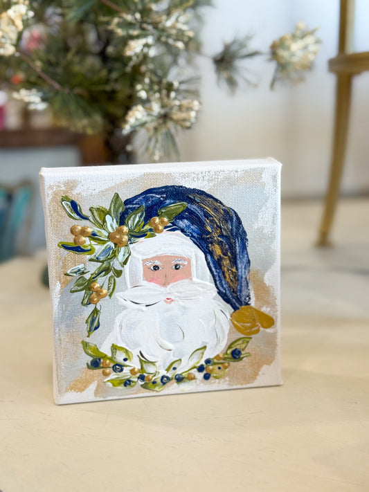 6x6 Navy Vintage Santa — Hand-Painted Art