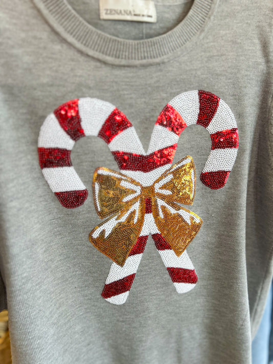Candy Cane Short Sleeve Sweater- Grey