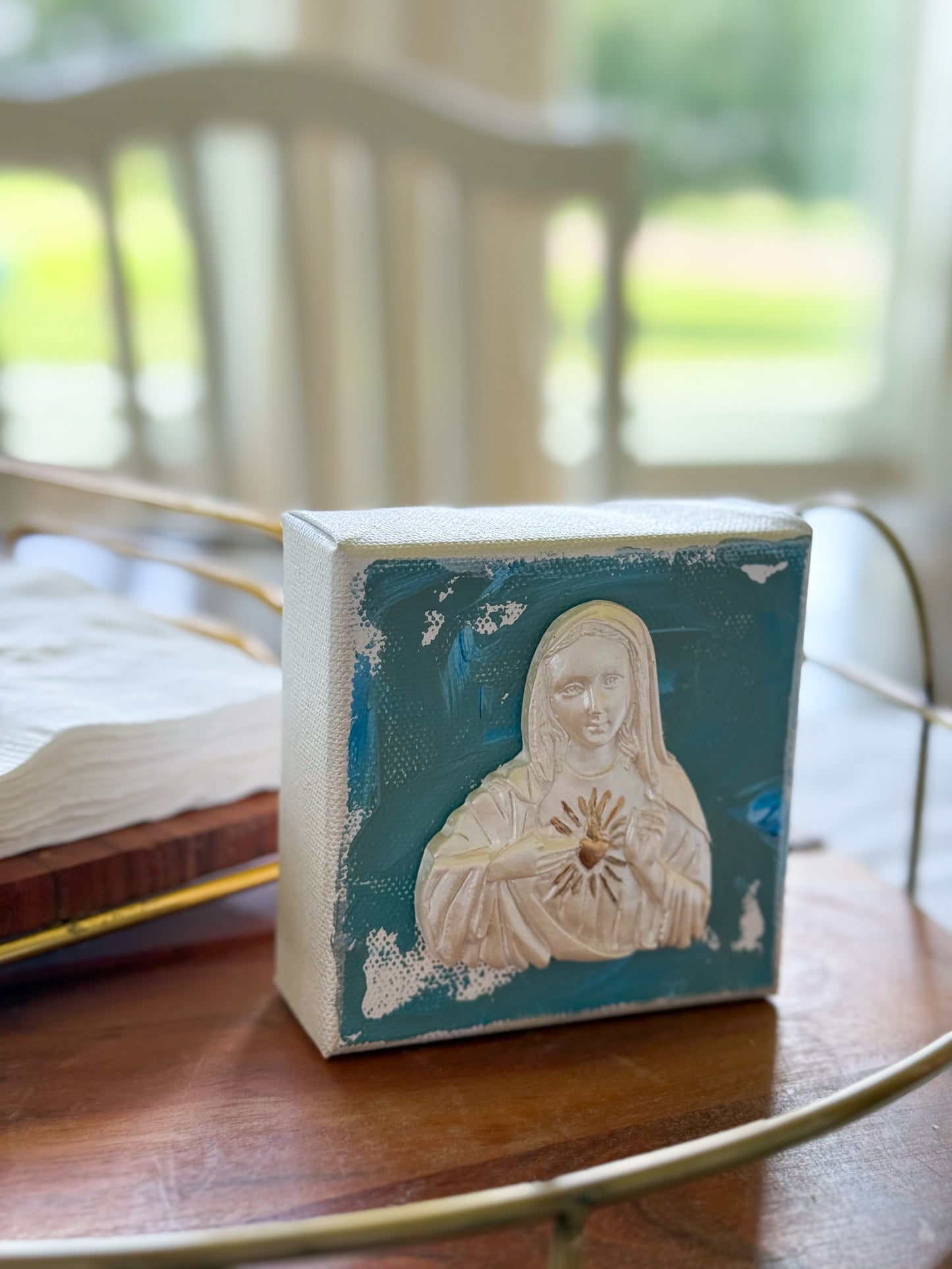 Immaculate Heart of Mary- Silhouette on 4x4 Olive Green/Blue Canvas