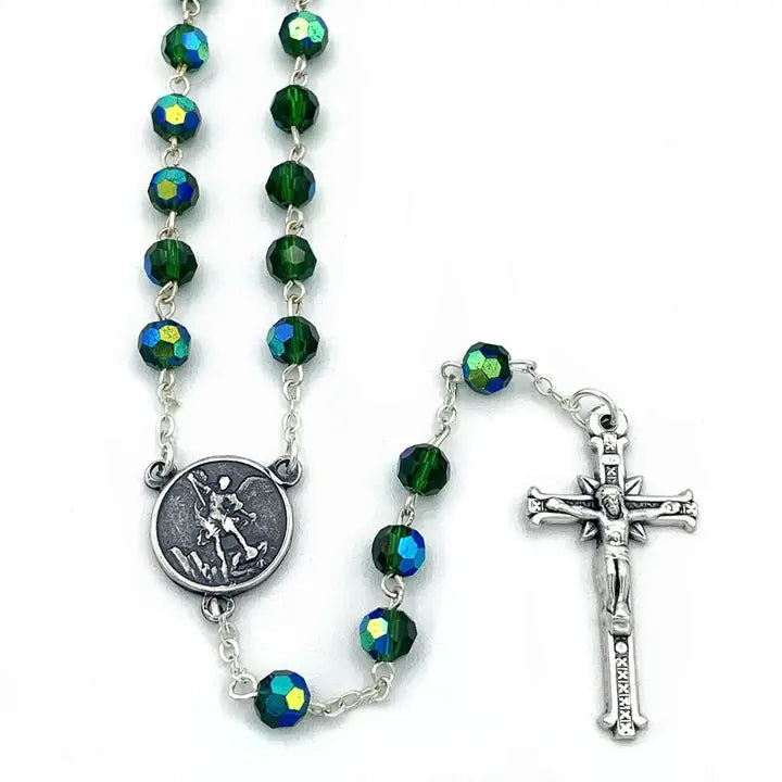 St. Michael Rosary Dark Green Crystal Beads