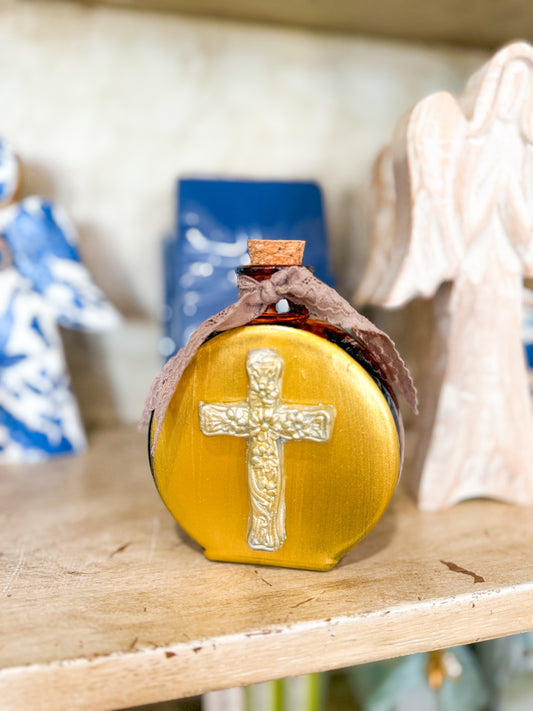 Bronze Cross Holy Water Container- Taupe Lace