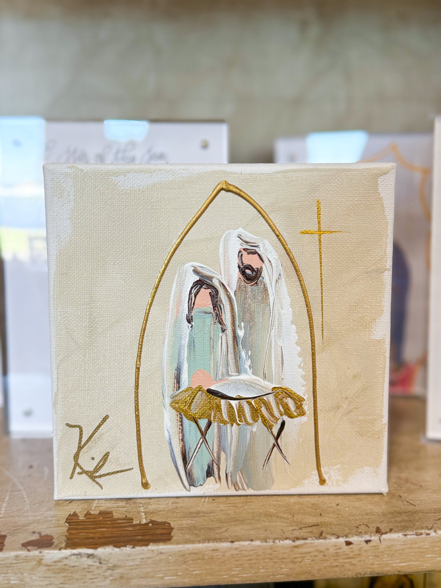6x6 Mary, Joseph, & Baby Jesus in the Manger Beige— Hand-Painted Art