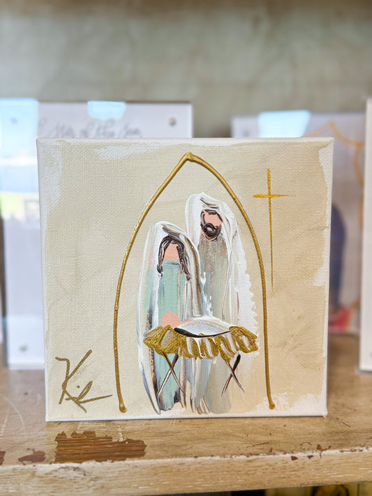 6x6 Mary, Joseph, & Baby Jesus in the Manger Beige— Hand-Painted Art