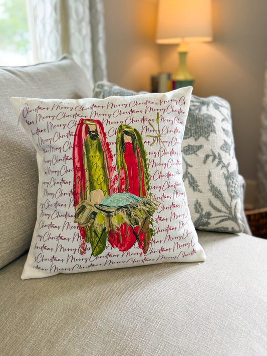 Merry Christmas Nativity Square Pillow