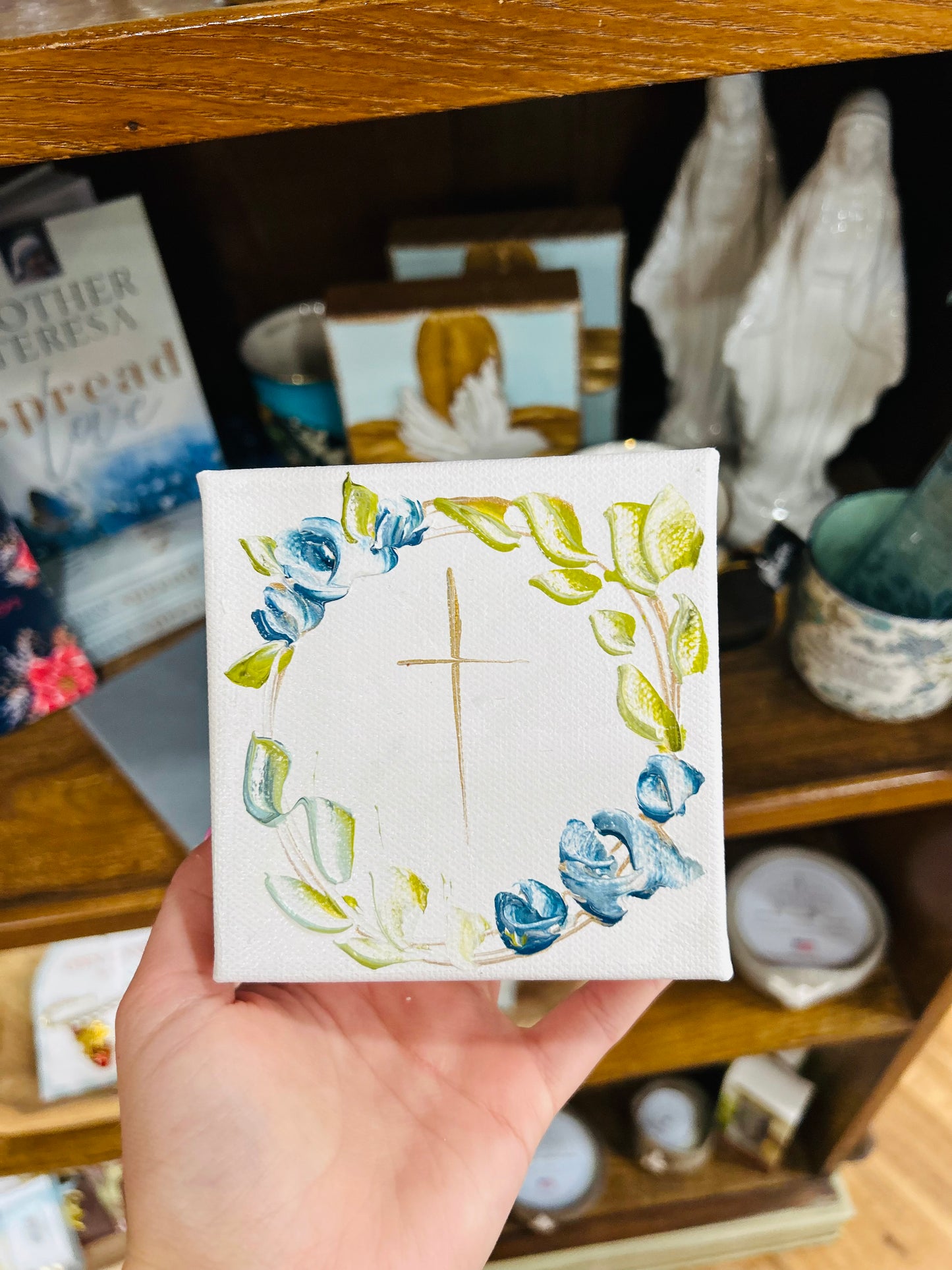 4x4 Skinny Gold Cross with Blue Gold Leaves 2