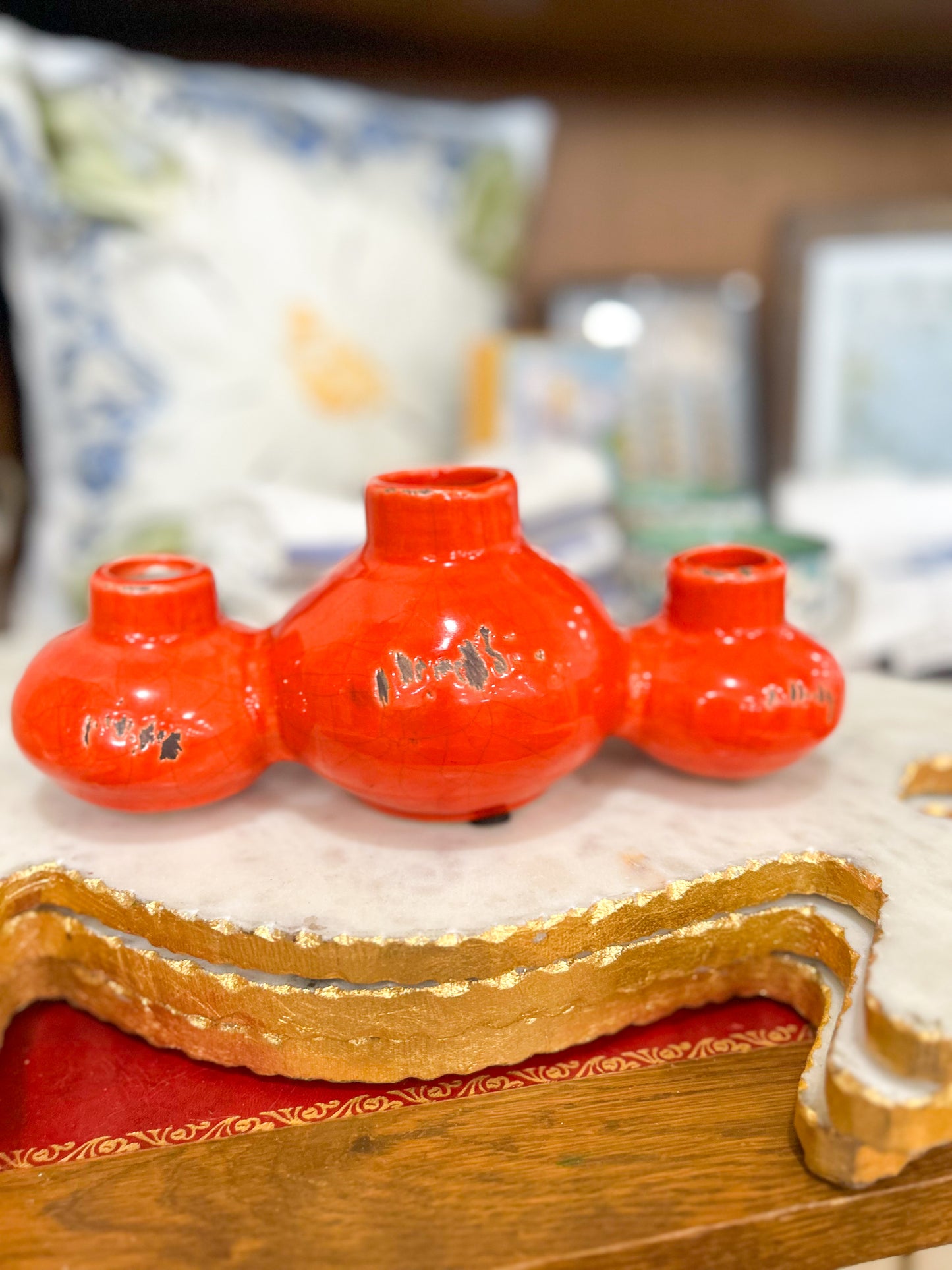 Vintage Orange Three-Hole Statement Vase
