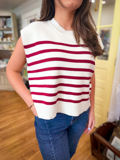 Oversized Crew Neck Stripe Sweater Vest- Maroon
