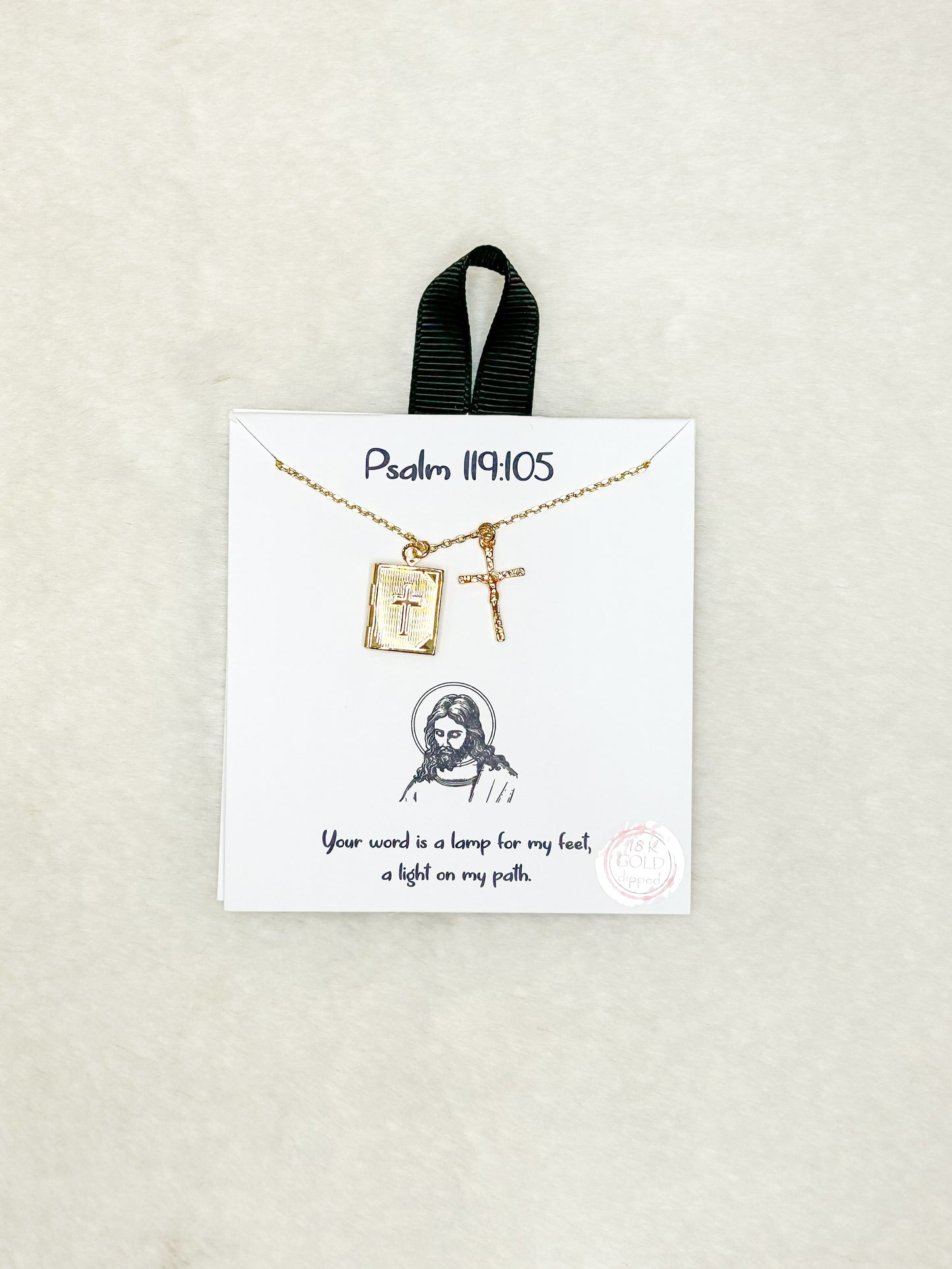 Psalm 119:105 Gold Cross Book Locked & Gold Crucifix Necklace