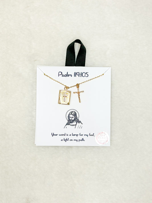 Psalm 119:105 Gold Cross Book Locked & Gold Crucifix Necklace