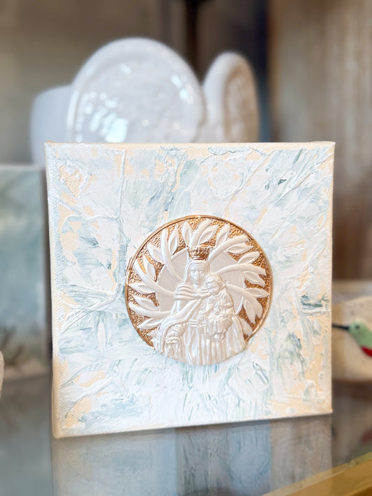 Our Lady of Mount Carmel-Circle Mold on 6x6 Peach/Blue Canvas