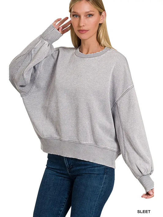 Acid Wash Fleece Oversized Pullover- Sleet