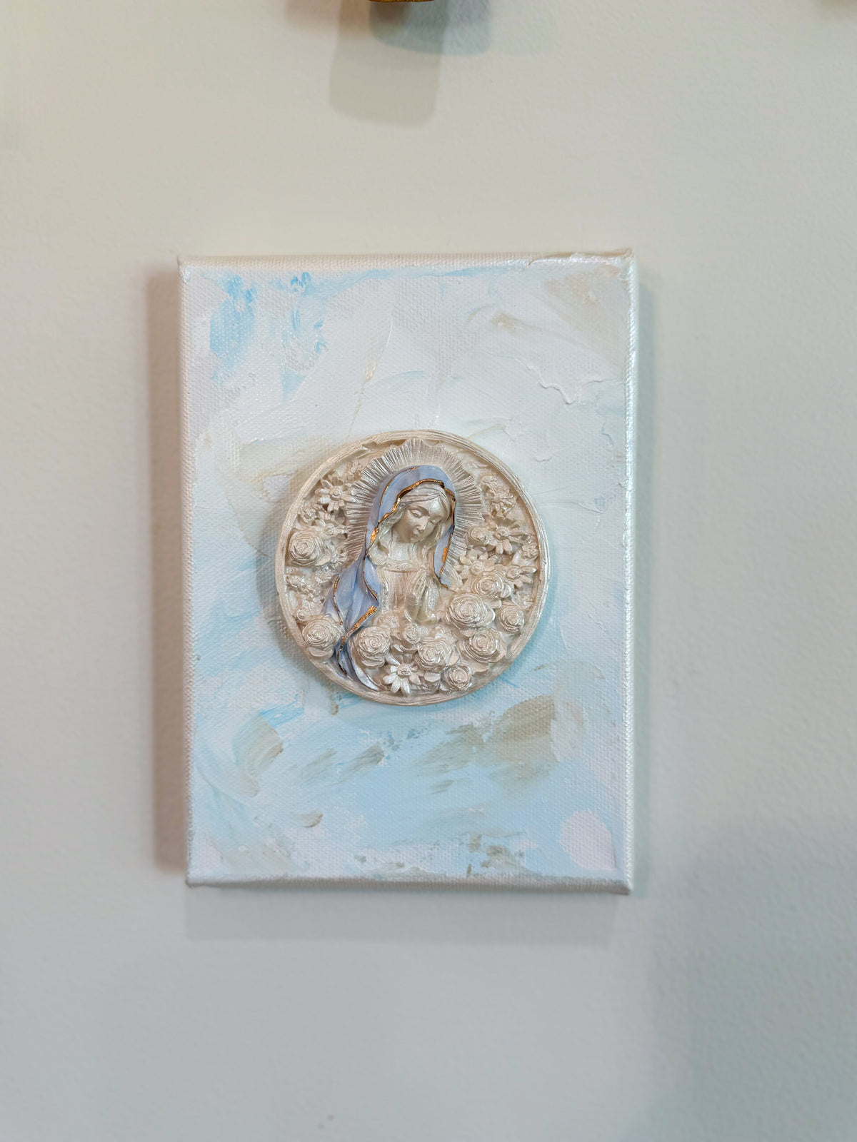 Sculpted Rose-Virgin Mary on 5x7 Light Blue Canvas