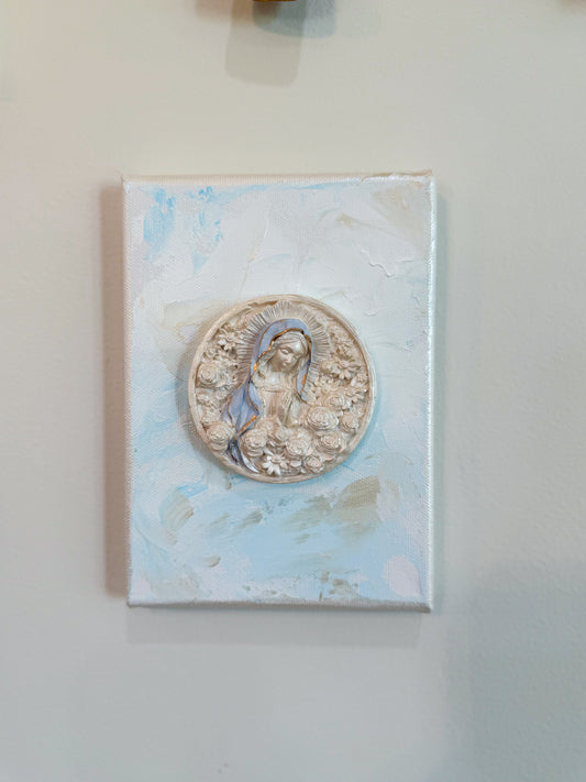 Sculpted Rose-Virgin Mary on 5x7 Light Blue Canvas