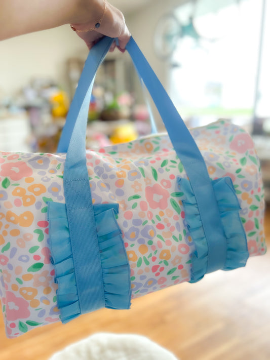 Light Blue Ruffle Floral Women Duffle Bag