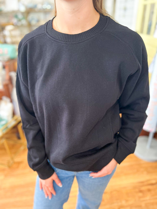 Black- Fleece Round Neck Ribbed Side Raglan Sweatshirt