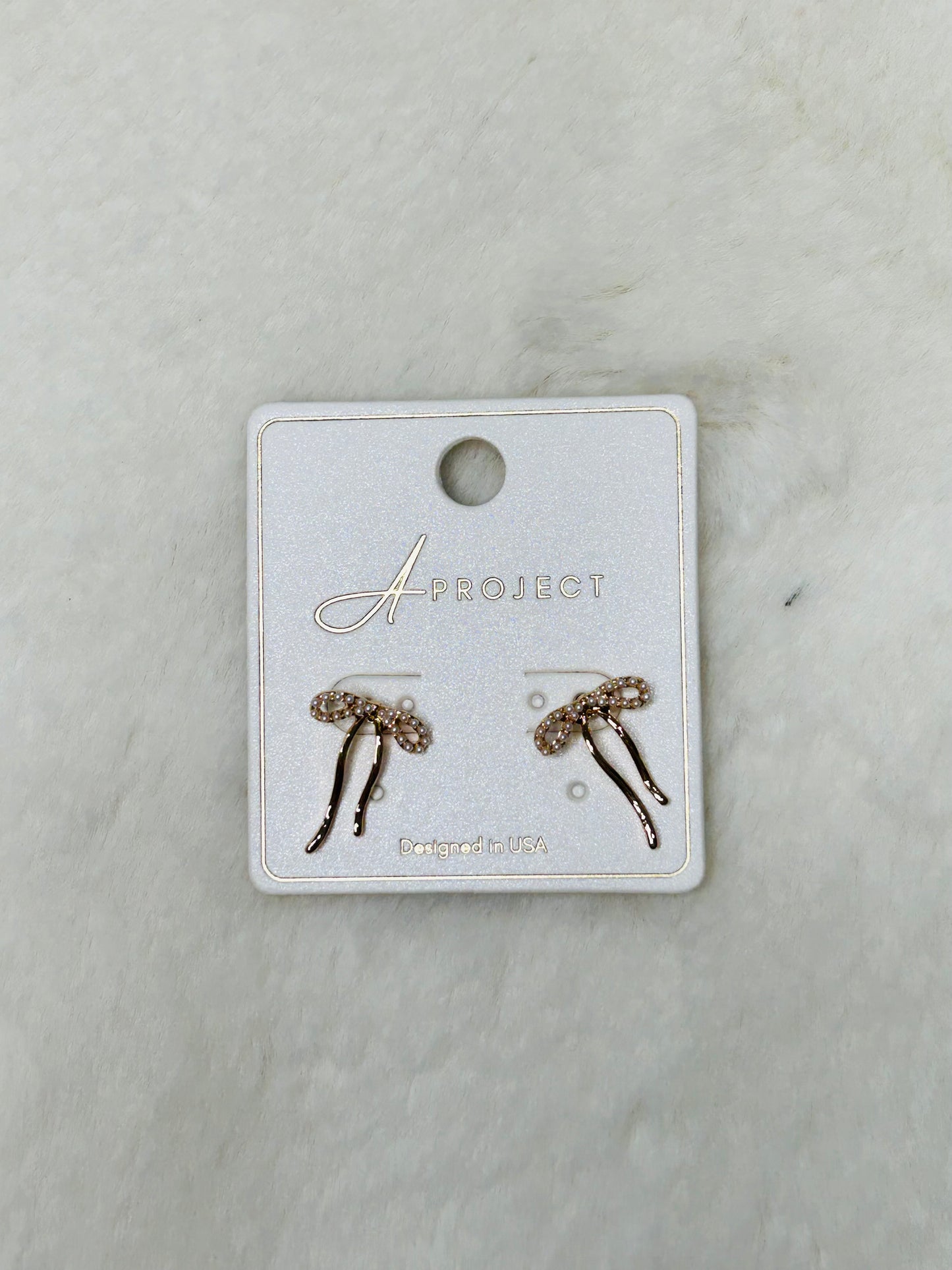Matilda Ribbon Bow Pearl & Gold Stud Earrings