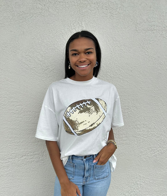 Ivory Boyfriend Tee with XL Gold Sequin Football