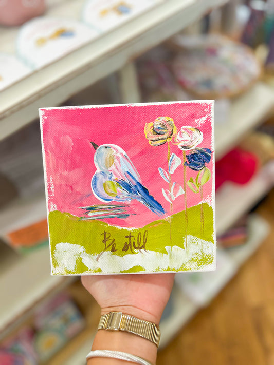 6x6 Be Still with Colorful Pastel Bird and Pink Background