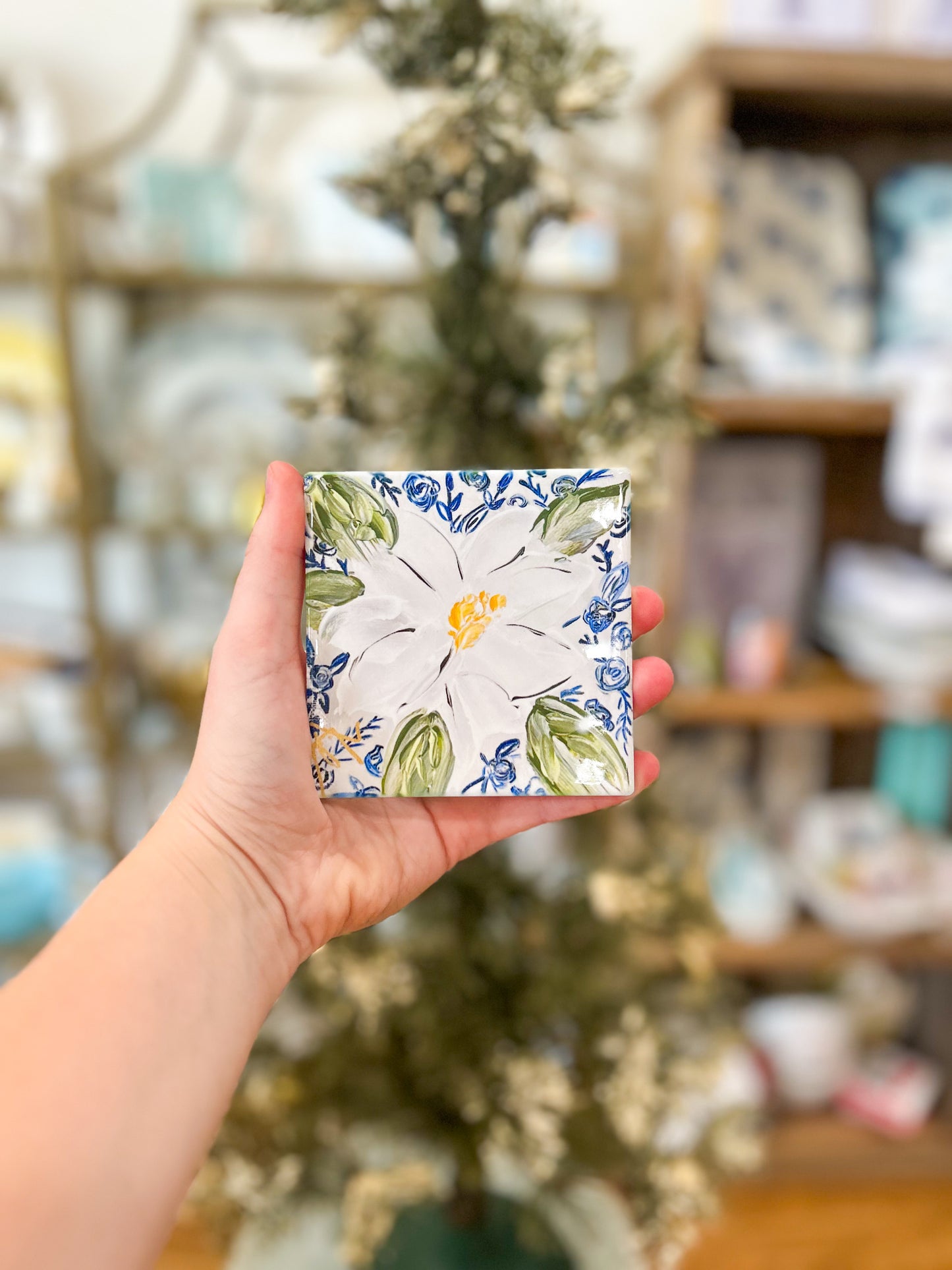 4x4 Magnolia with Blue Pattern Coaster
