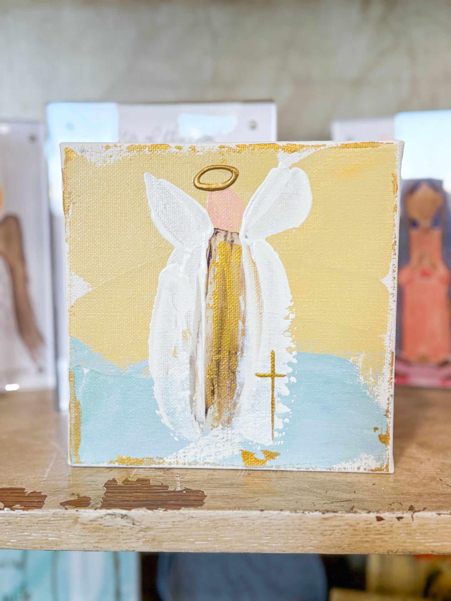 6x6 Gold & White Angel with Tan and Blue Background — Hand-Painted Art