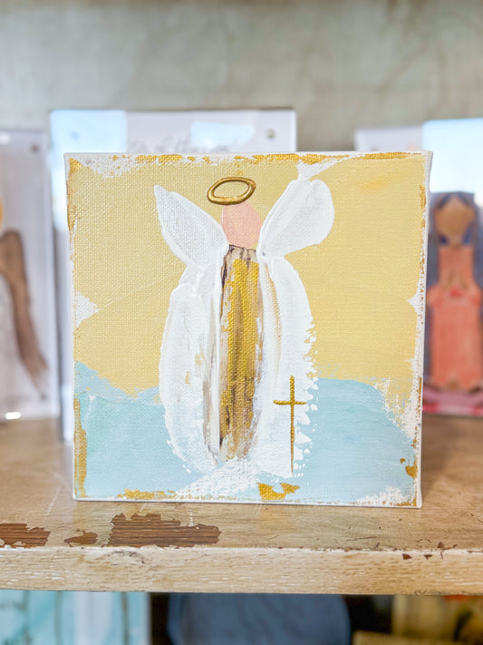 6x6 Gold & White Angel with Tan and Blue Background — Hand-Painted Art