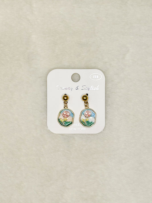 Unique Pink Rose Colorful Dangle Earrings