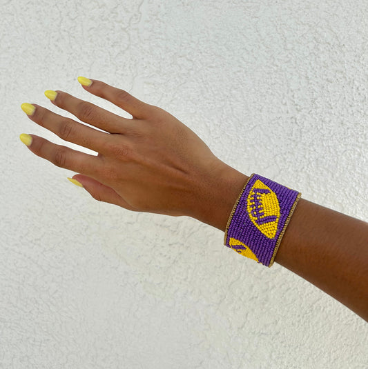 Purple and Gold Football Beaded Bangle