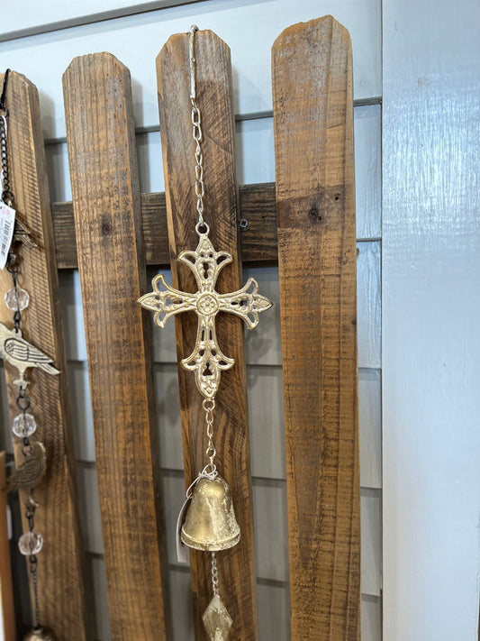 Gold Whitewash Cross Wind Chime