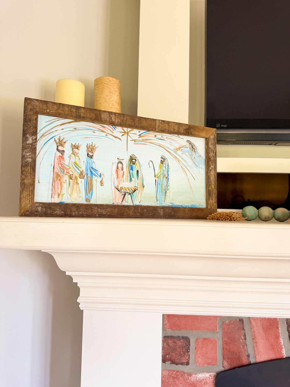 Heavenly Peace Nativity w/Angel Framed Art 12x24