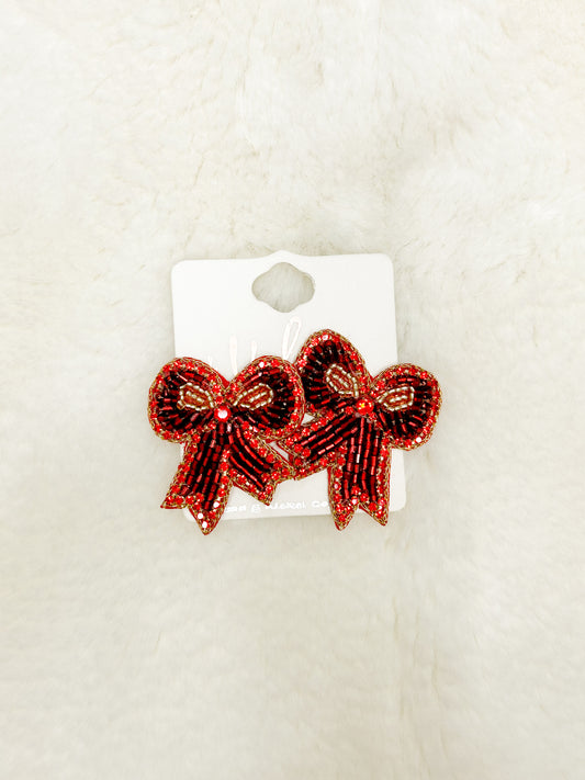 Big Red Bow Beaded Christmas Earrings