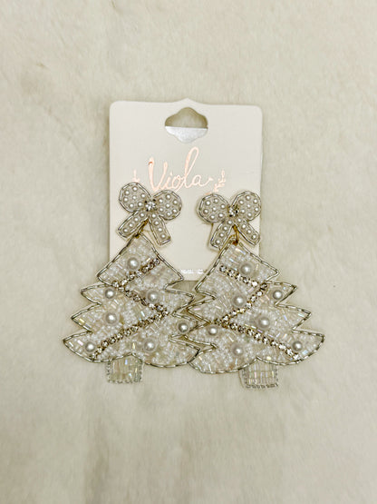 Twinkling Branches White Beaded Christmas Tree Earrings