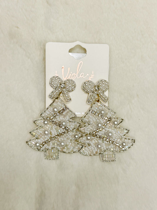 Twinkling Branches White Beaded Christmas Tree Earrings