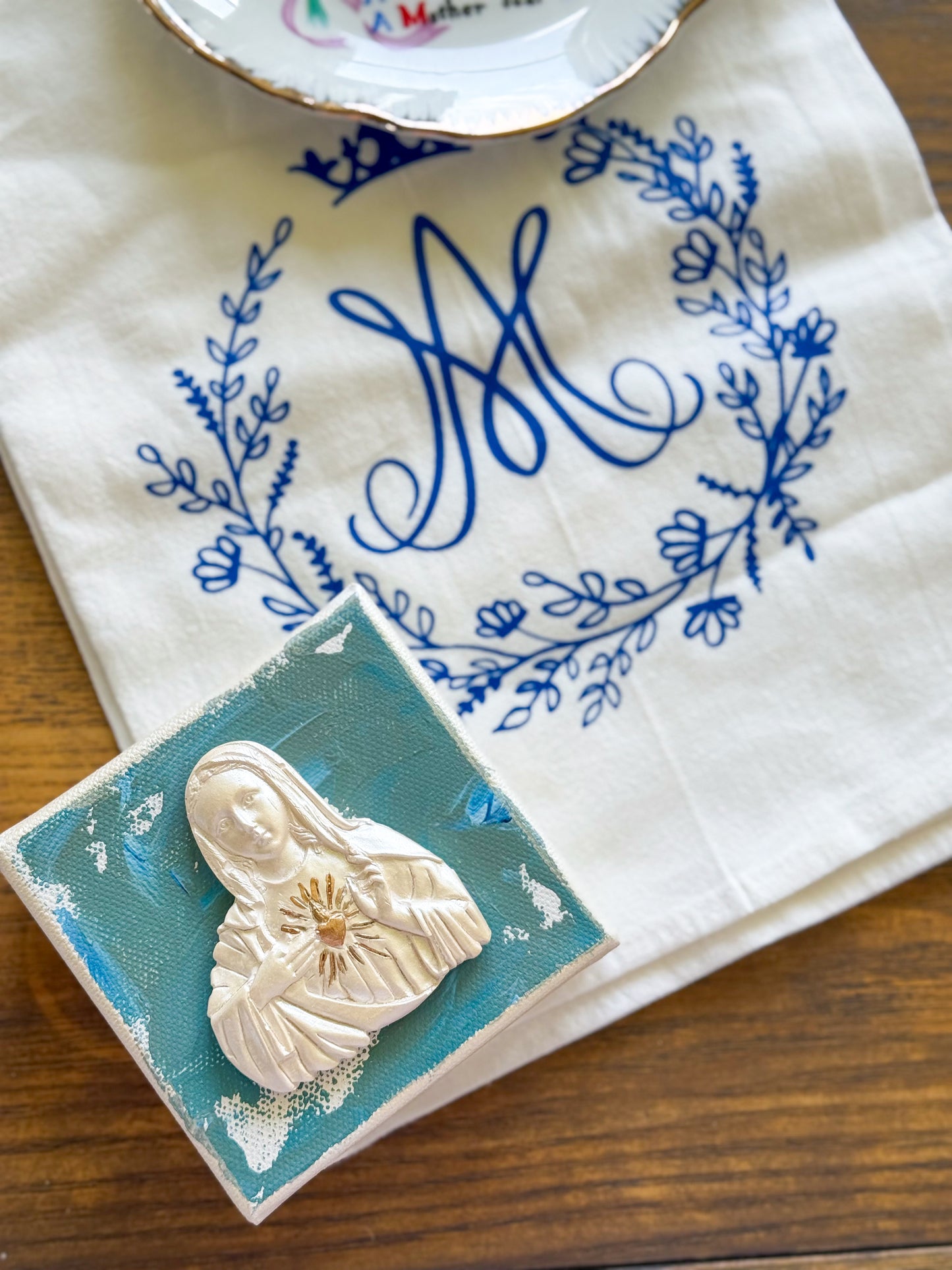 Immaculate Heart of Mary- Silhouette on 4x4 Olive Green/Blue Canvas