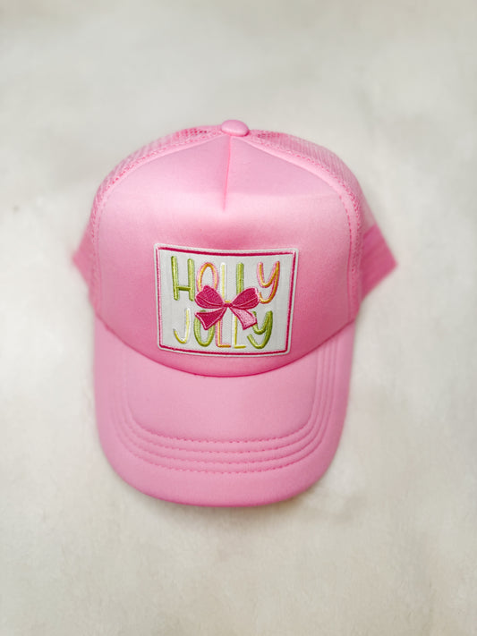 Trucker Hat Patch Holly Jolly with Pink Bow