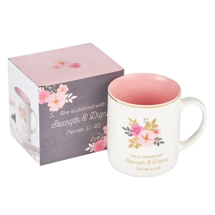 Mug White/Pink Floral Strength & Dignity