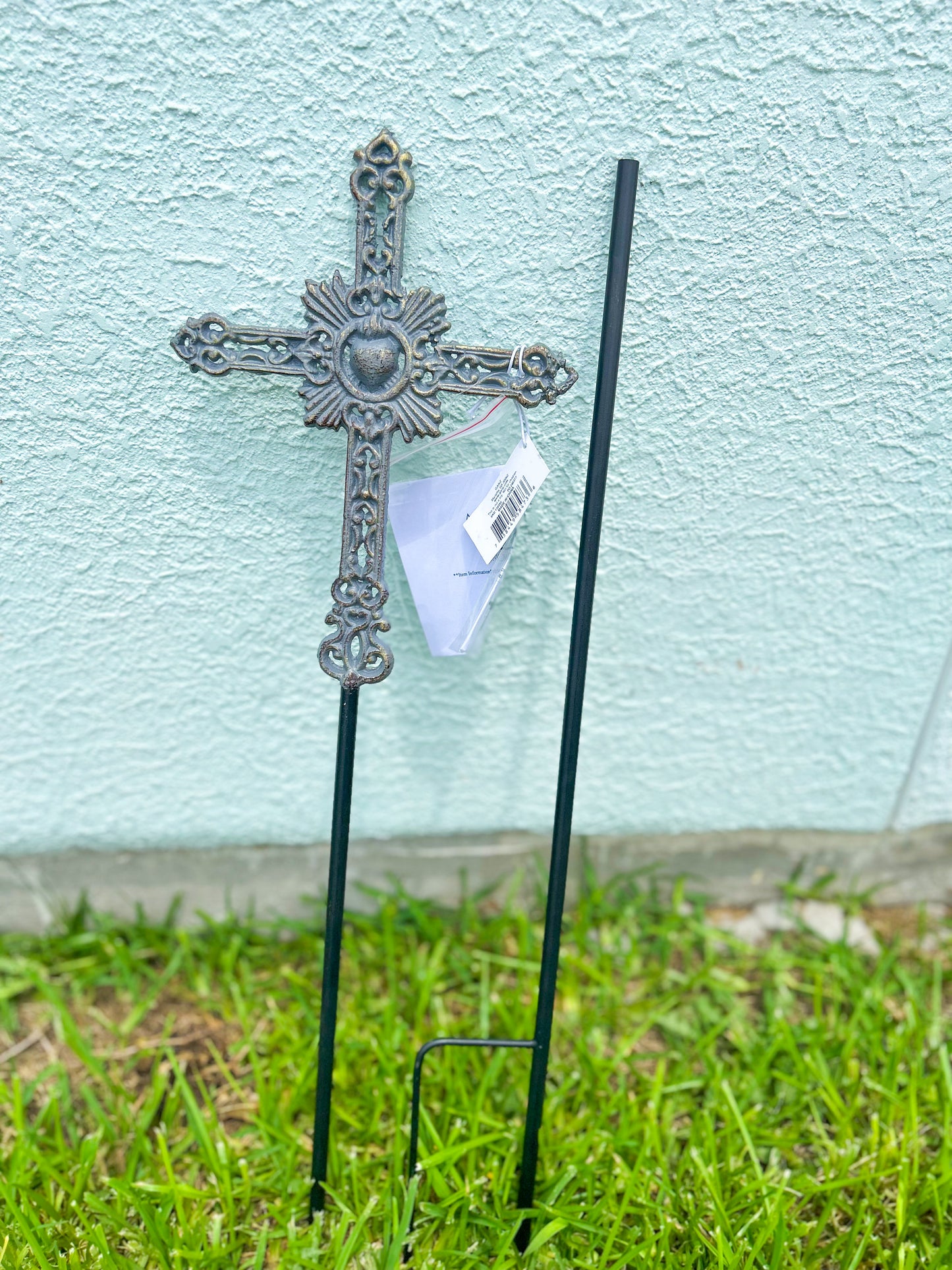 Large Grey with Gold Brush Cross Garden Stake